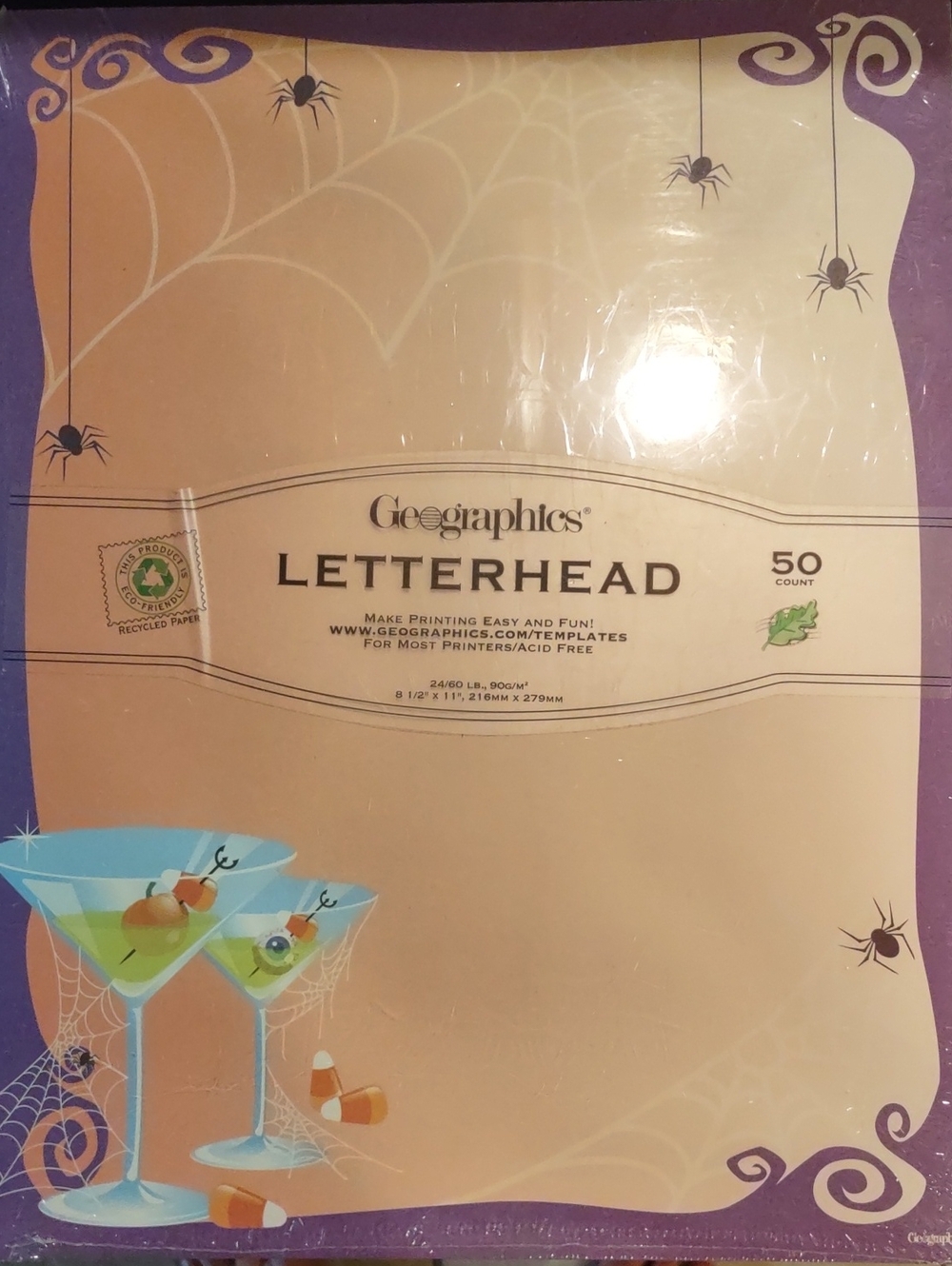Halloween Paper featuring martini glasses, Spiderweb, Candy Corn. 50 Pack. New.